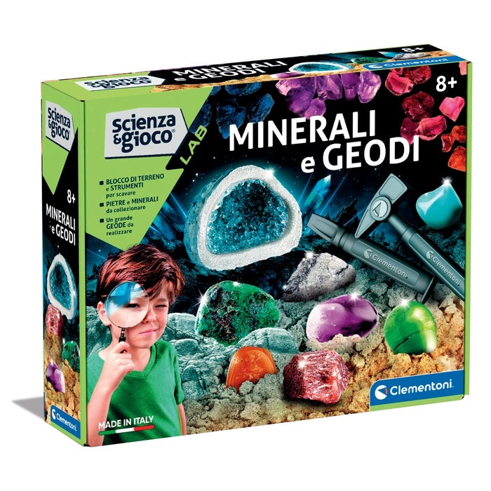 Clementoni Scienza e Gioco Lab - Minerali e Geodi, Kit Scientifico per Bambini 8 Anni con Mattone da Scavare e Strumenti per Creare Geodi
