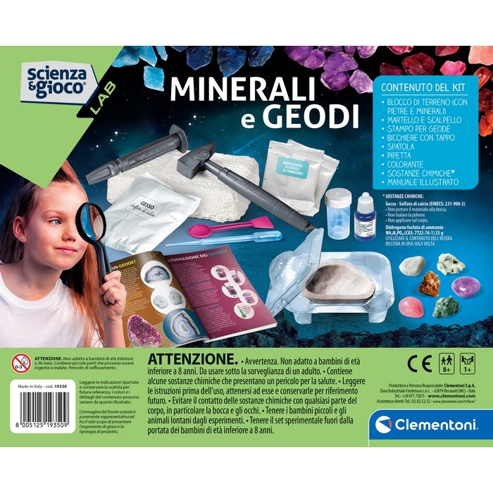 Clementoni Scienza e Gioco Lab - Minerali e Geodi, Kit Scientifico per Bambini 8 Anni con Mattone da Scavare e Strumenti per Creare Geodi
