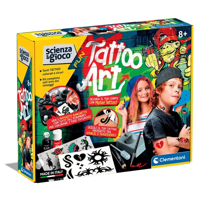Clementoni Tattoo Art - Kit per Creare Tatuaggi Temporanei, Laboratorio Creativo per Bambini 8 Anni, Made in Italy