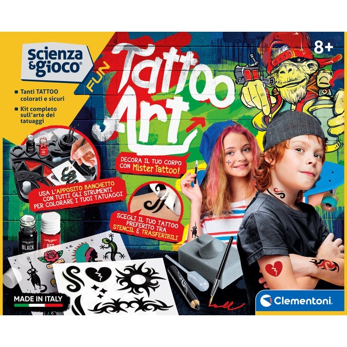 Clementoni Tattoo Art - Kit per Creare Tatuaggi Temporanei, Laboratorio Creativo per Bambini 8 Anni, Made in Italy