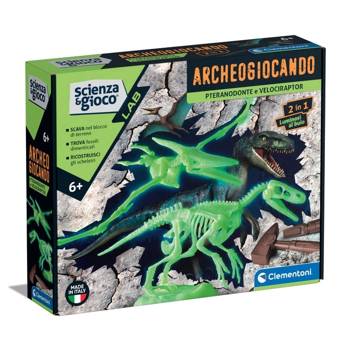 Clementoni Archeogiocando 19375 - Gioco Scientifico per Bambini 6 Anni con Velociraptor e Pteranodonte, Scavo di Fossili e Realtà Aumentata