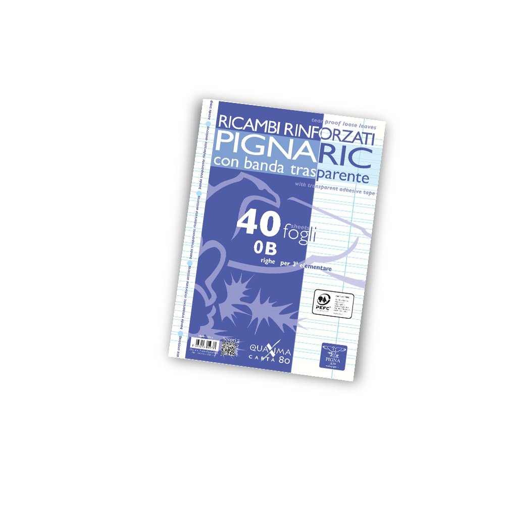 Pigna Ricambi Forati Rinforzati A4 - Rigo di 3a - 40 Fogli - Carta 80g/m² - Banda Rinforzata Trasparente