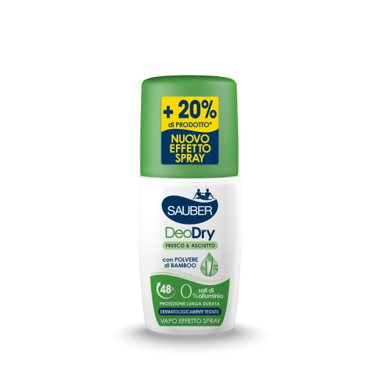 Sauber DeoDry Vapo No Gas 90 ml - Deodorante Fresco & Asciutto con Polvere di Bamboo, 0% Alcol, Durata 48h