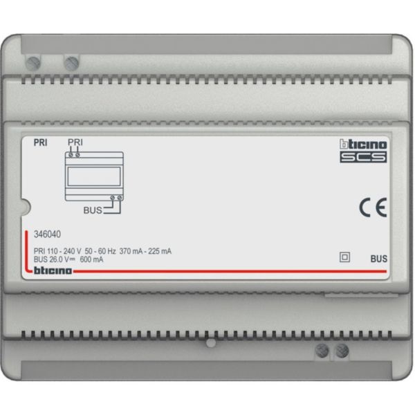 BTicino 346040 Alimentatore per Impianti Audio 2 Fili - Custodia Modulare 6 DIN, 110-240 Va.c., 26 Vd.c., Corrente Massima 600 mA