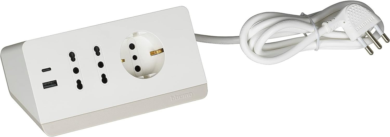 BTicino S3711DBU Multipresa da Scrivania 5 Posti con 2 Prese USB Tipo A C, Interruttore, Cavo 2m, Bianco