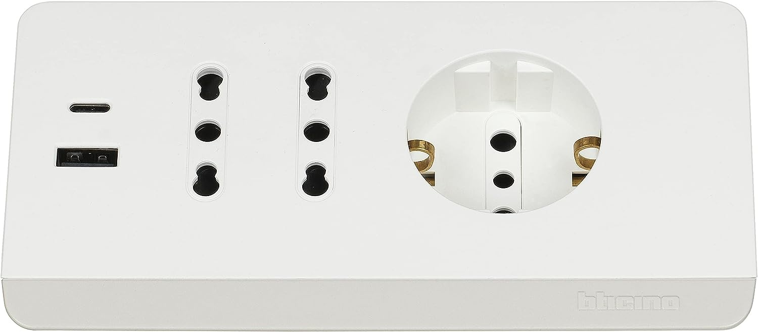 BTicino S3711DBU Multipresa da Scrivania 5 Posti con 2 Prese USB Tipo A C, Interruttore, Cavo 2m, Bianco