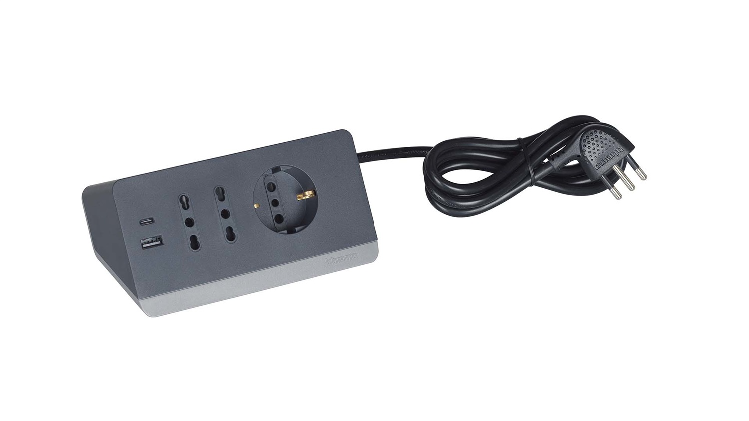 BTICINO S3711GBU Multipresa da Scrivania Grigia con 5 Posti, 2 Prese USB Tipo A e C, 2 Prese Bipasso e 1 Presa Schuko, Cavo di 2 m