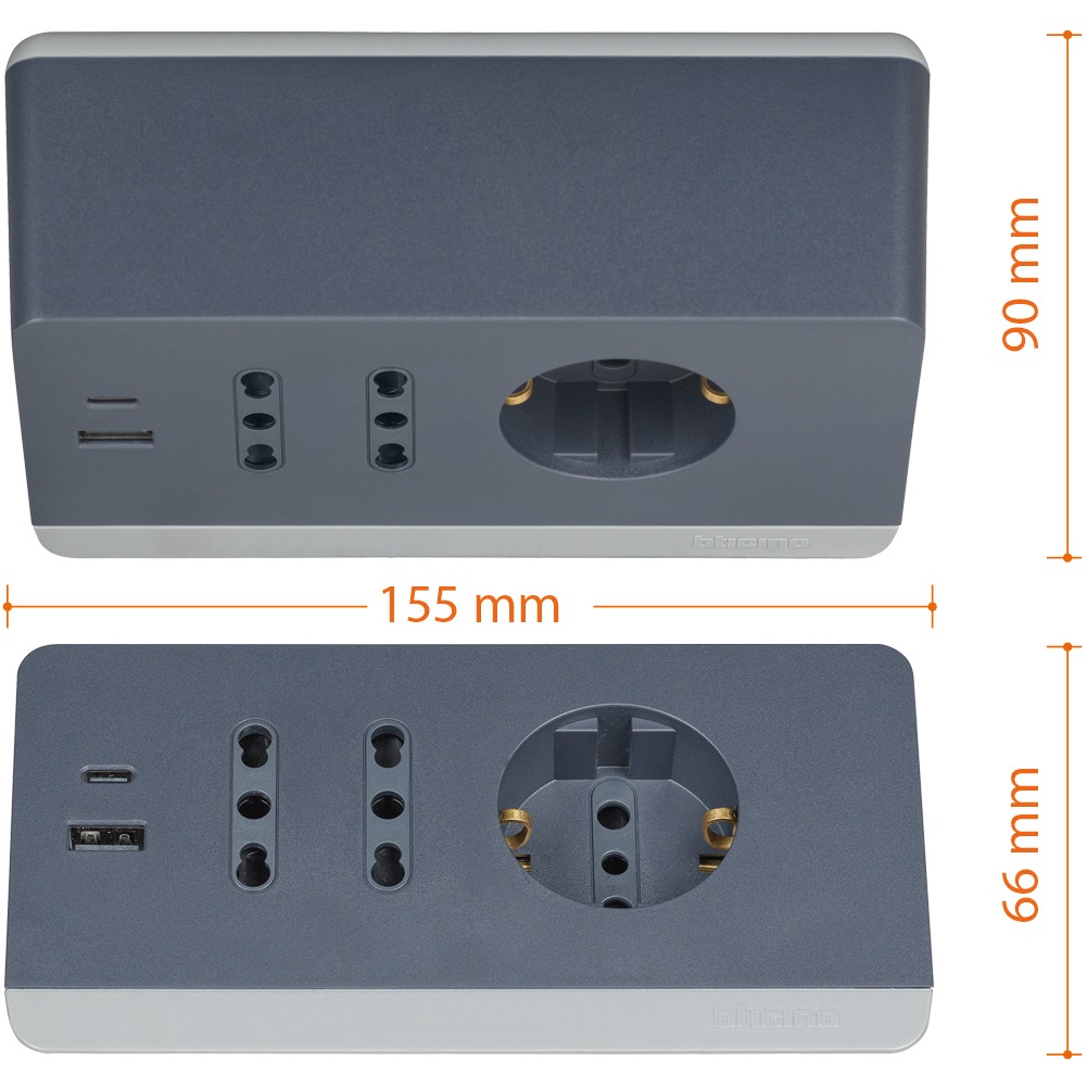 BTICINO S3711GBU Multipresa da Scrivania Grigia con 5 Posti, 2 Prese USB Tipo A e C, 2 Prese Bipasso e 1 Presa Schuko, Cavo di 2 m