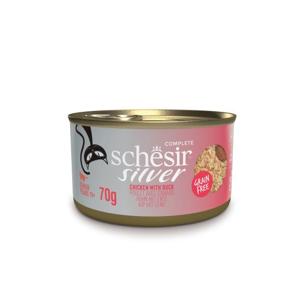 Schesir Silver Senior Cat - Filetti di Pollo e Anatra in Mousse e Filetti - Lattina da 70 g
