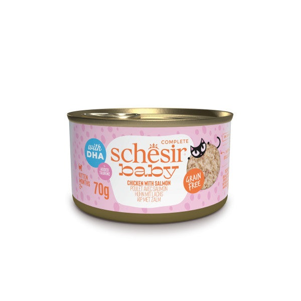 Schesir Baby Filetti in Brodo Pollo e Salmone per Kitten - 70 g, Alimento Umido Ricco di Proteine e DHA