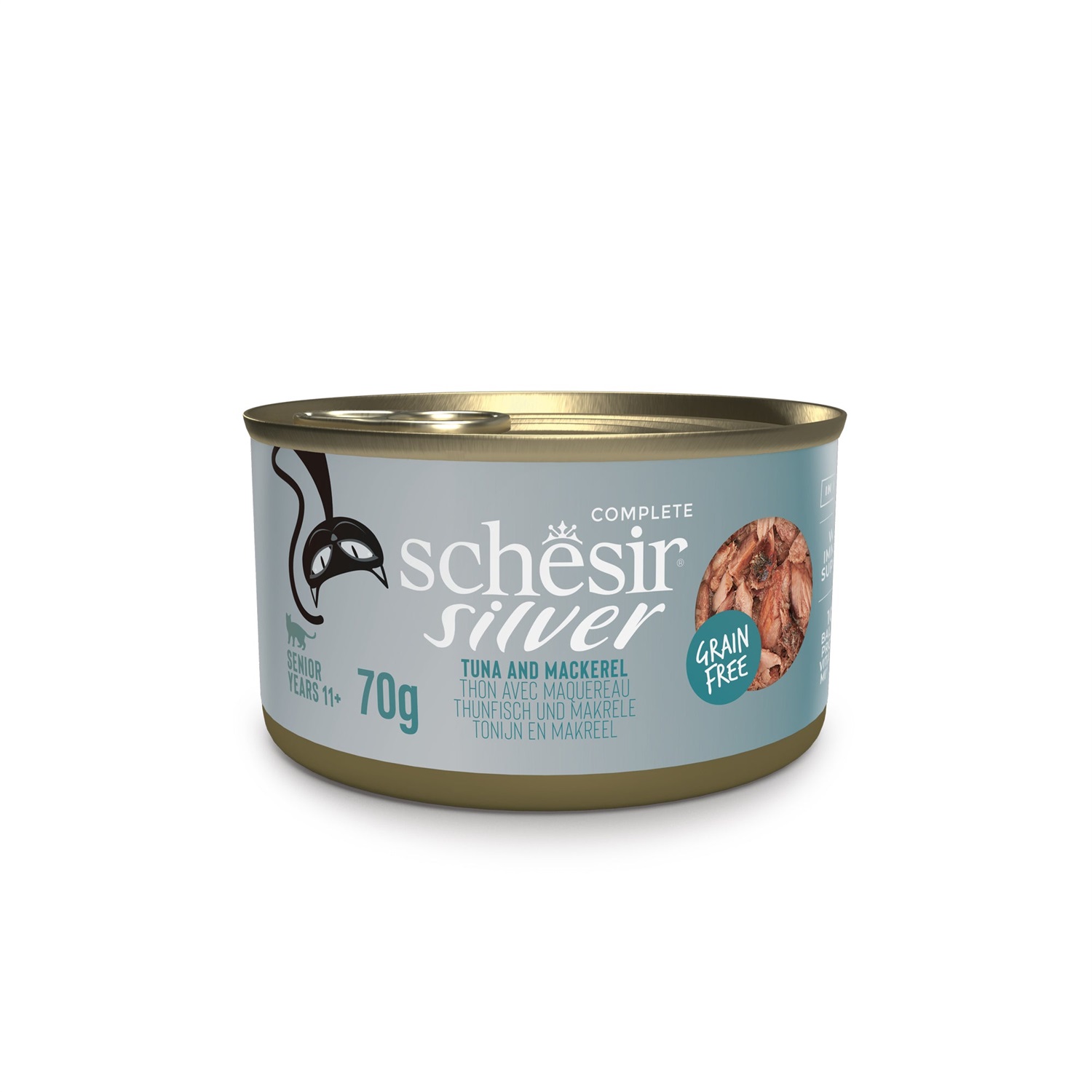 Schesir Silver Senior Cat Cibo Umido Tonno e Sgombro - Lattina da 70 g per Gatti dai 11 Anni