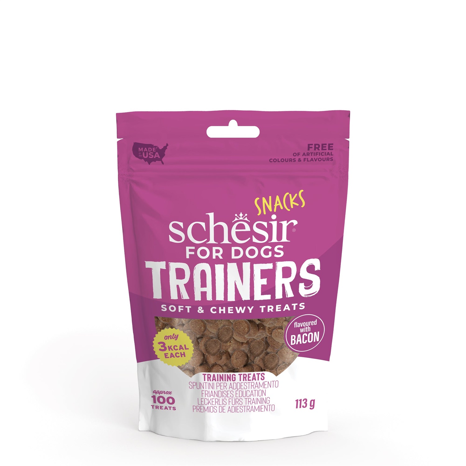 Schesir Snack Trainers al Bacon - Snack morbidi per cani - 113 g - Ideali per addestramento