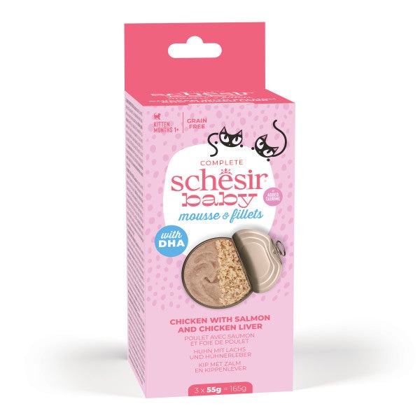 Schesir Baby Mousse e Filetti per Gattini - Pollo, Salmone e Fegato di Pollo - Multipack 3x55 g