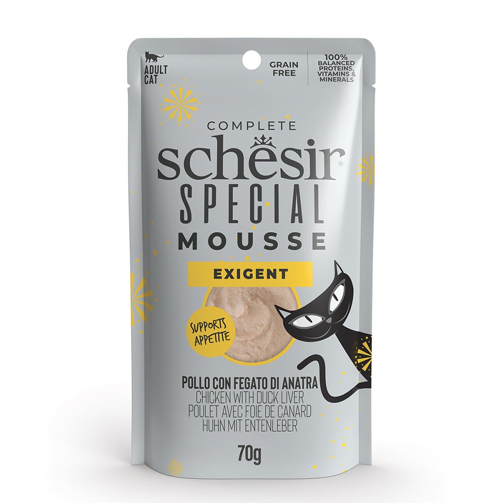 Schesir Special Exigent Mousse 70 g - Pollo con Fegato di Anatra - Alimento Umido Completo per Gatti Esigenti