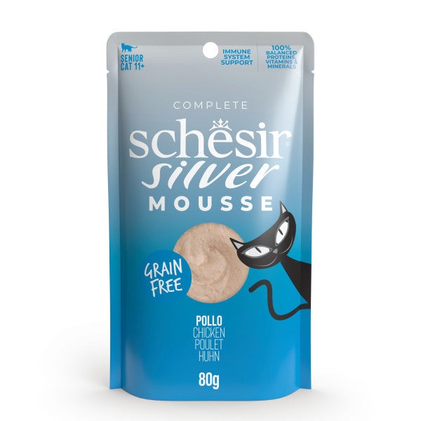 Schesir Silver Mousse Pollo 80 g - Cibo Umido per Gatti Senior (11 anni) Ricco in Proteine e Grain Free