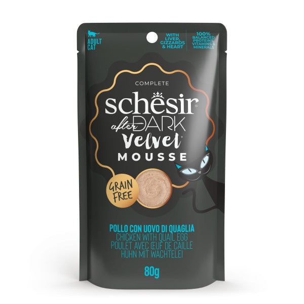 Schesir After Dark Velvet Mousse - Cibo Umido Completo per Gatti Adulti, Gusto Pollo e Uova di Quaglia, 80 g