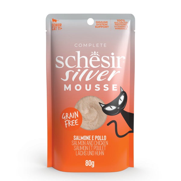 Schesir Silver Mousse per Gatti Senior - Salmone e Pollo - 80 g - Cibo Umido Ricco in Proteine e Grain Free