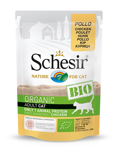 Schesir Bio Cibo Umido per Gatti Adulti al Pollo - Bustina 85 g, Alimento Completo e Bilanciato, Certificato Biologico