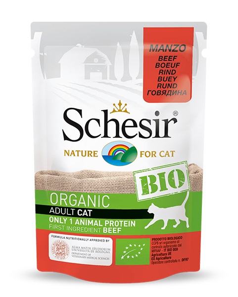 Schesir Bio Cibo Umido per Gatti Adulto al Manzo - Busta da 85 g, Senza Cereali, Alimento Completo e Bilanciato