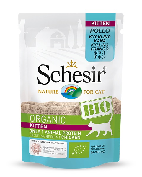 Schesir Bio Kitten Pollo - Cibo Umido per Gattini 85 g, Alimento Completo e Bilanciato con Pollo Biologico