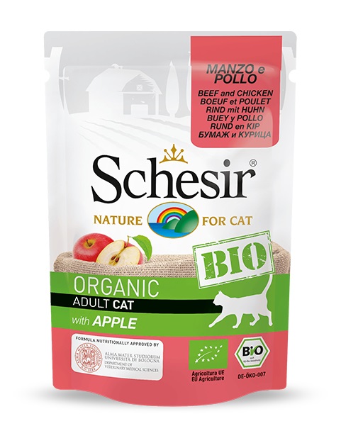 Schesir Cibo Umido per Gatti Adulto Bio Manzo, Pollo e Mela - 85 g