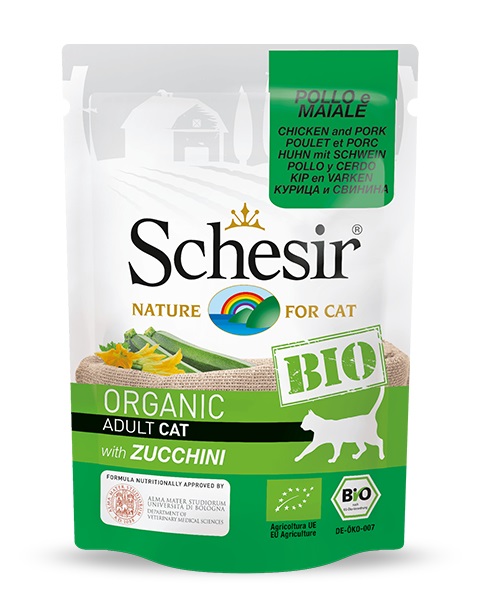 Schesir Bio Cibo Umido per Gatti Adulto - Pollo, Maiale e Zucchine - 85 g