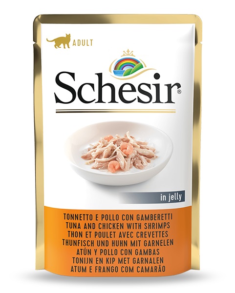 Schesir Cibo Umido per Gatti Adulti - Tonnetto, Pollo e Gamberetti in Gelatina - 85 g