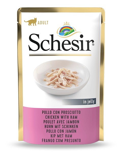 Schesir Cibo Umido per Gatti Adulti - Gusto Pollo e Prosciutto in Gelatina, 85 g