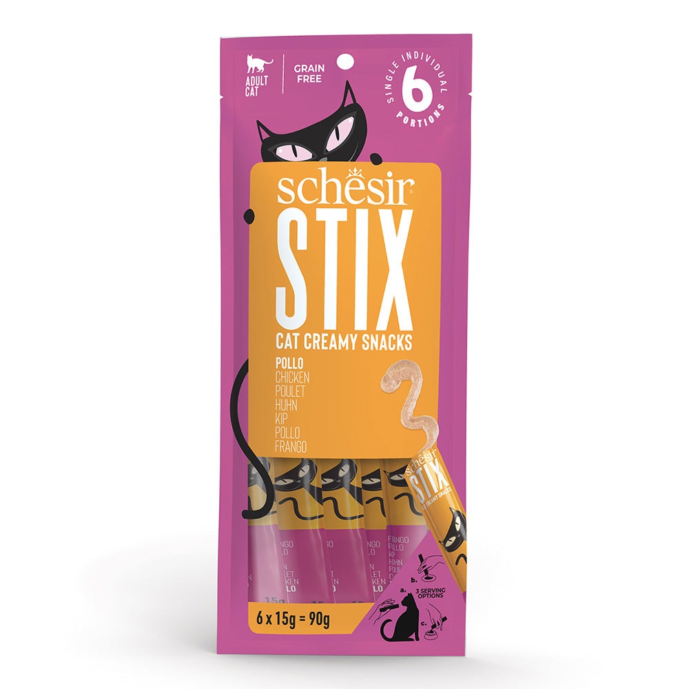 Schesir Stix Snack Cremoso per Gatti - Pollo - 6 Bustine da 15g - Ricco in Proteine e Grain Free