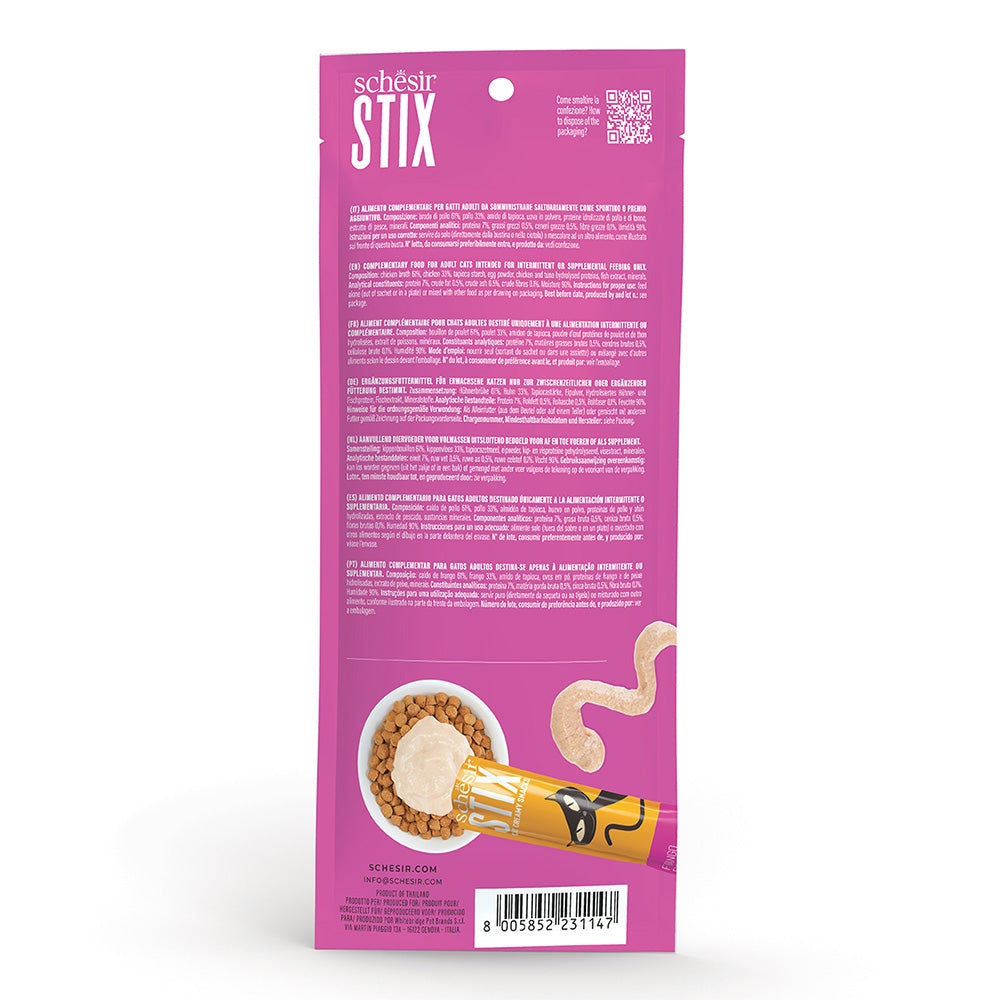 Schesir Stix Snack Cremoso per Gatti - Pollo - 6 Bustine da 15g - Ricco in Proteine e Grain Free