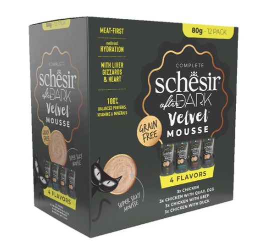 Schesir After Dark Cibo Umido per Gatti - Multipack 12x80 g - Mousse Velvet con 4 Gusti: Pollo, Pollo e Anatra, Pollo e Manzo, Pollo e Uova di Quaglia
