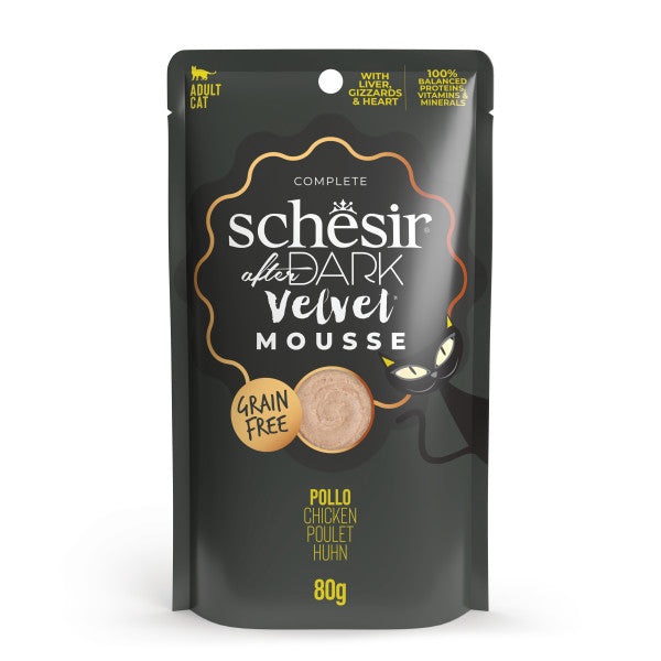 Schesir After Dark Cibo Umido per Gatti - Multipack 12x80 g - Mousse Velvet con 4 Gusti: Pollo, Pollo e Anatra, Pollo e Manzo, Pollo e Uova di Quaglia