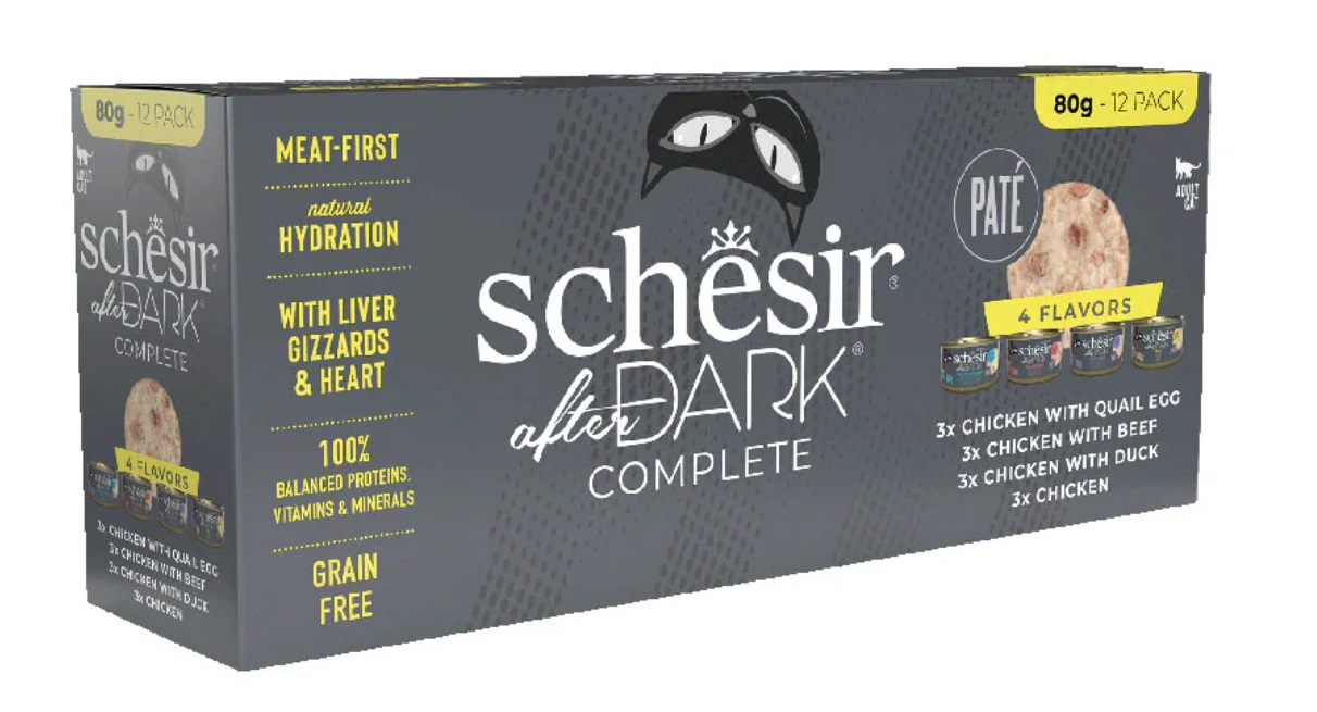 Schesir After Dark Cibo Umido per Gatti - Multipack 12x80 g - Paté con Pollo, Pollo e Anatra, Pollo e Manzo, Pollo e Uova di Quaglia - 100% Completo e Bilanciato