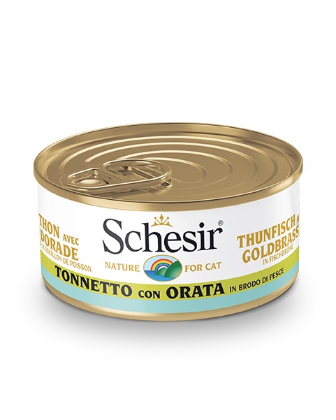 Schesir Cibo Umido per Gatti - Tonnetto con Orata in Brodo di Pesce, 70 g, Ingredienti Naturali, Senza Conservanti e Coloranti