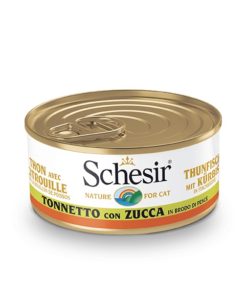 Schesir Cibo Umido per Gatti Adulto - Tonnetto con Zucca in Brodo di Pesce - Lattina da 70 g