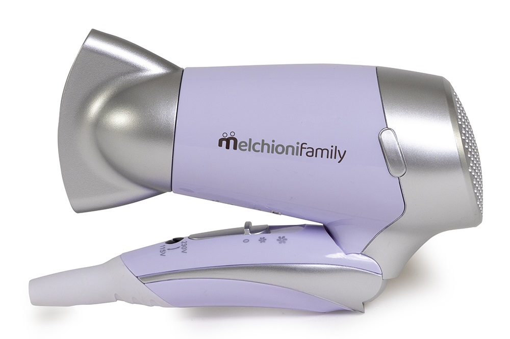 Melchioni Family Asciugacapelli da Viaggio Handy Style 1200 W, Manico Pieghevole, Doppia Alimentazione, 2 Temperature
