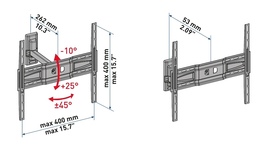 Meliconi CME ER400 - Supporto TV da parete con braccio estendibile, ruotabile e inclinabile per TV 40 - 55 pollici, Portata Max 25 Kg, VESA 200 - 300 - 400 mm, Made in Italy