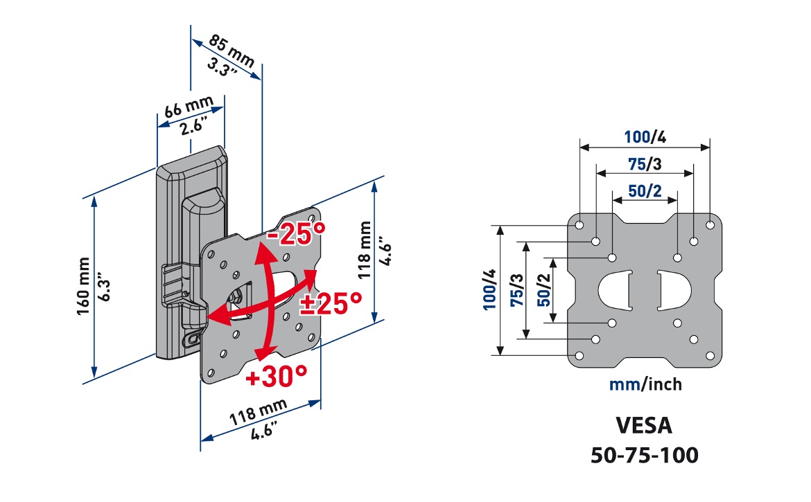 Meliconi CME ETR100 Supporto TV Inclinabile e Ruotabile da Parete per TV 14''-25'', VESA 50-75-100, Nero