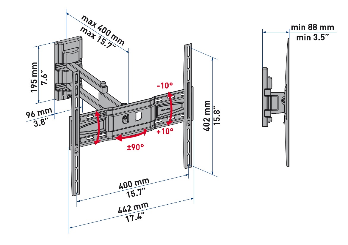 Meliconi CME EDR 400 - Supporto TV Doppio Braccio per TV da 40 a 55 pollici, VESA 200x200 a 400x400 mm, Inclinazione -15°/ 10°, Rotazione 180°, Acciaio Nero