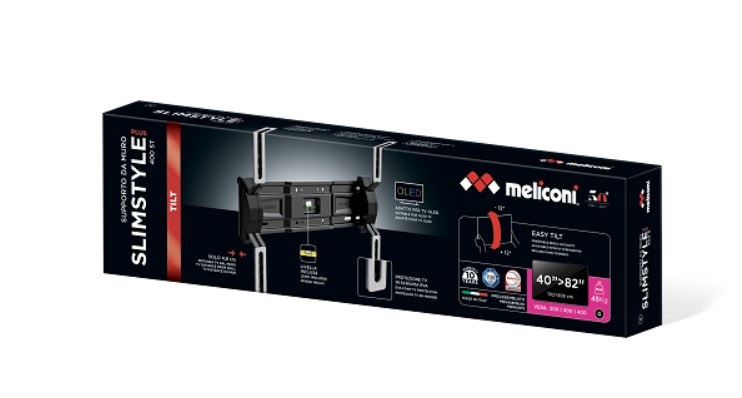Meliconi SlimStyle Plus 600ST Supporto TV Inclinabile da Parete per TV da 50'' a 82'' (127-208 cm) - Portata Max 45 kg - Colore Nero