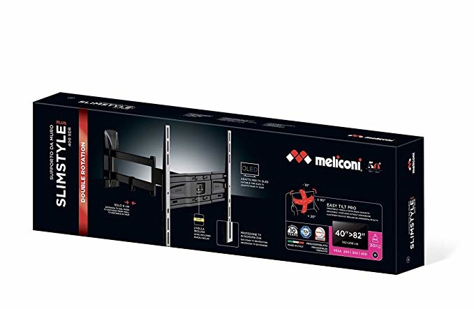 Meliconi SlimStyle Plus 400 SDR - Supporto Orientabile da Parete per TV da 40'' a 82'', VESA 200x200/300/400 mm, Nero