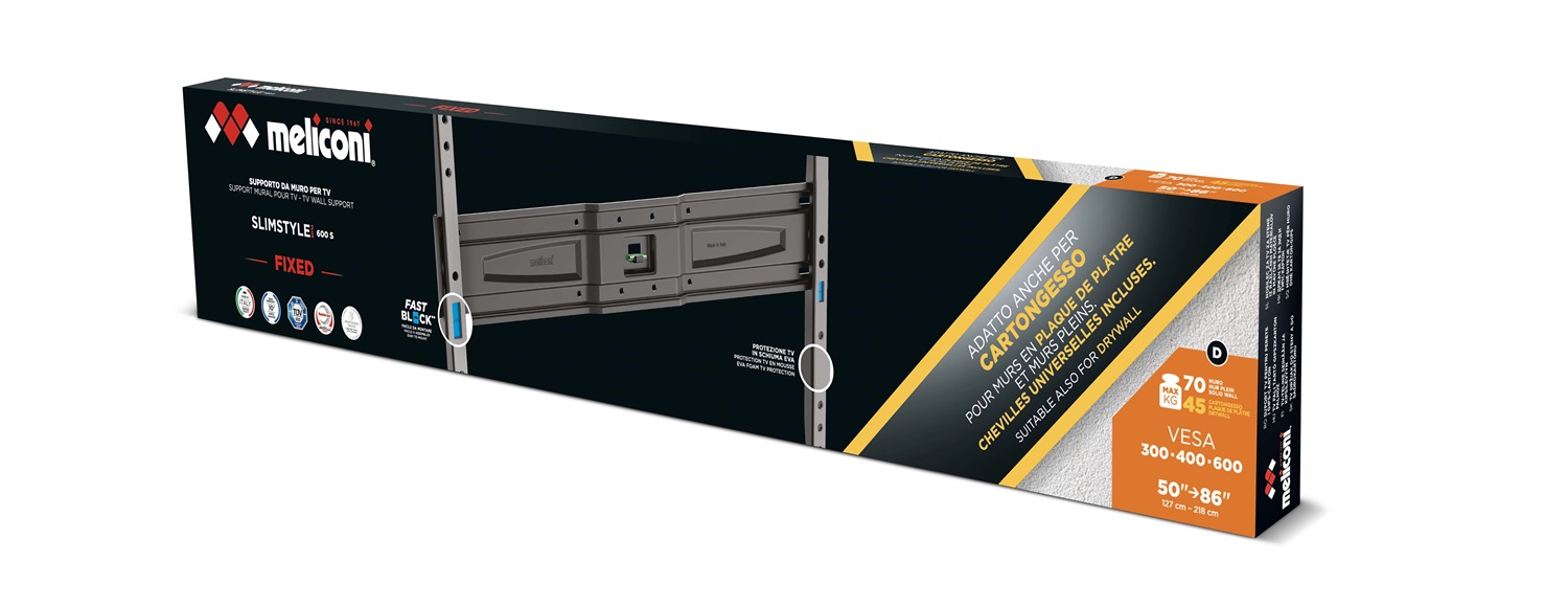 Meliconi Slimstyle Plus 600S CG - Supporto TV Fisso per TV da 50'' a 86'', Portata 70 kg, VESA 300-400-600, Adatto per Cartongesso, con Fast Block e Protezioni, Made in Italy