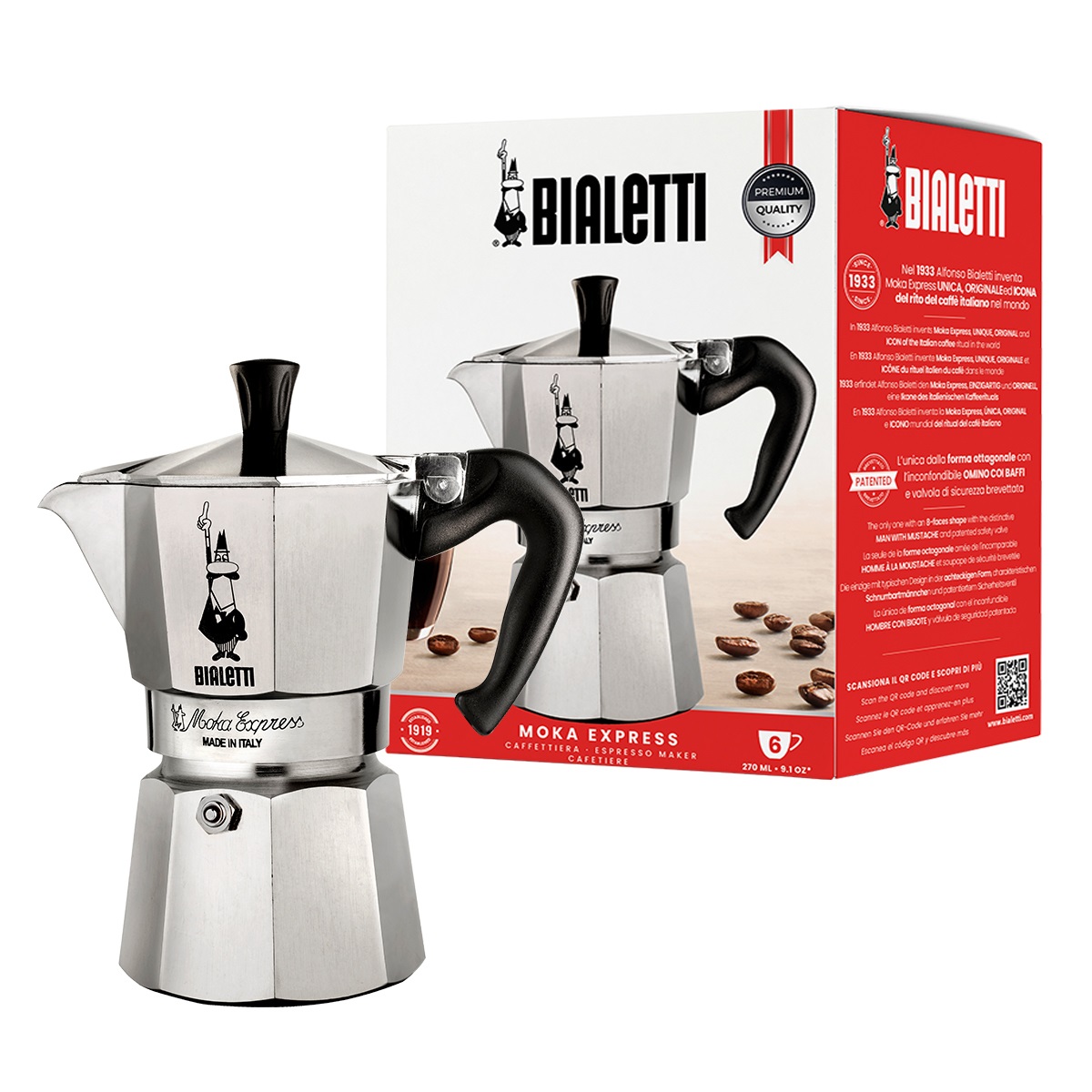 Bialetti Moka Express Caffettiera 6 Tazze in Alluminio con Manico Anti Scottatura