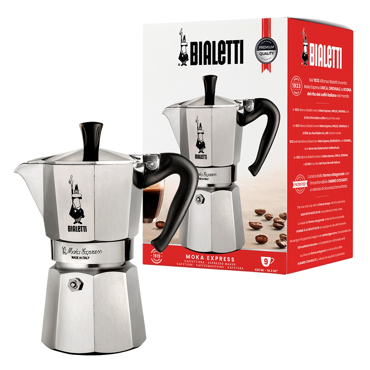 Bialetti Caffettiera Moka Express 9 Tazze in Alluminio, 420 ml, Argento - Compatibile con Piani Cottura a Gas, Elettrici e Induzione