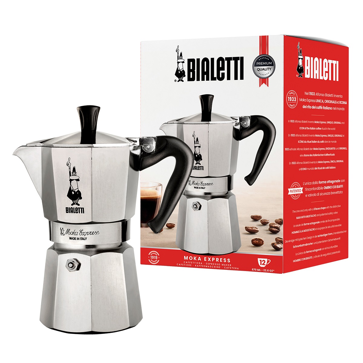 Bialetti Moka Express 12 Tazze - Caffettiera in Alluminio con Manico Anti Scottatura