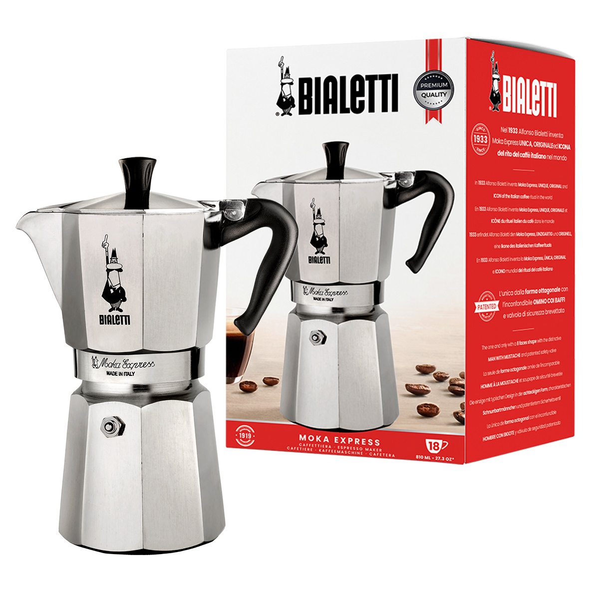 Bialetti Caffettiera Moka Express 18 Tazze in Alluminio con Manico Anti Scottatura - Non adatta a Induzione