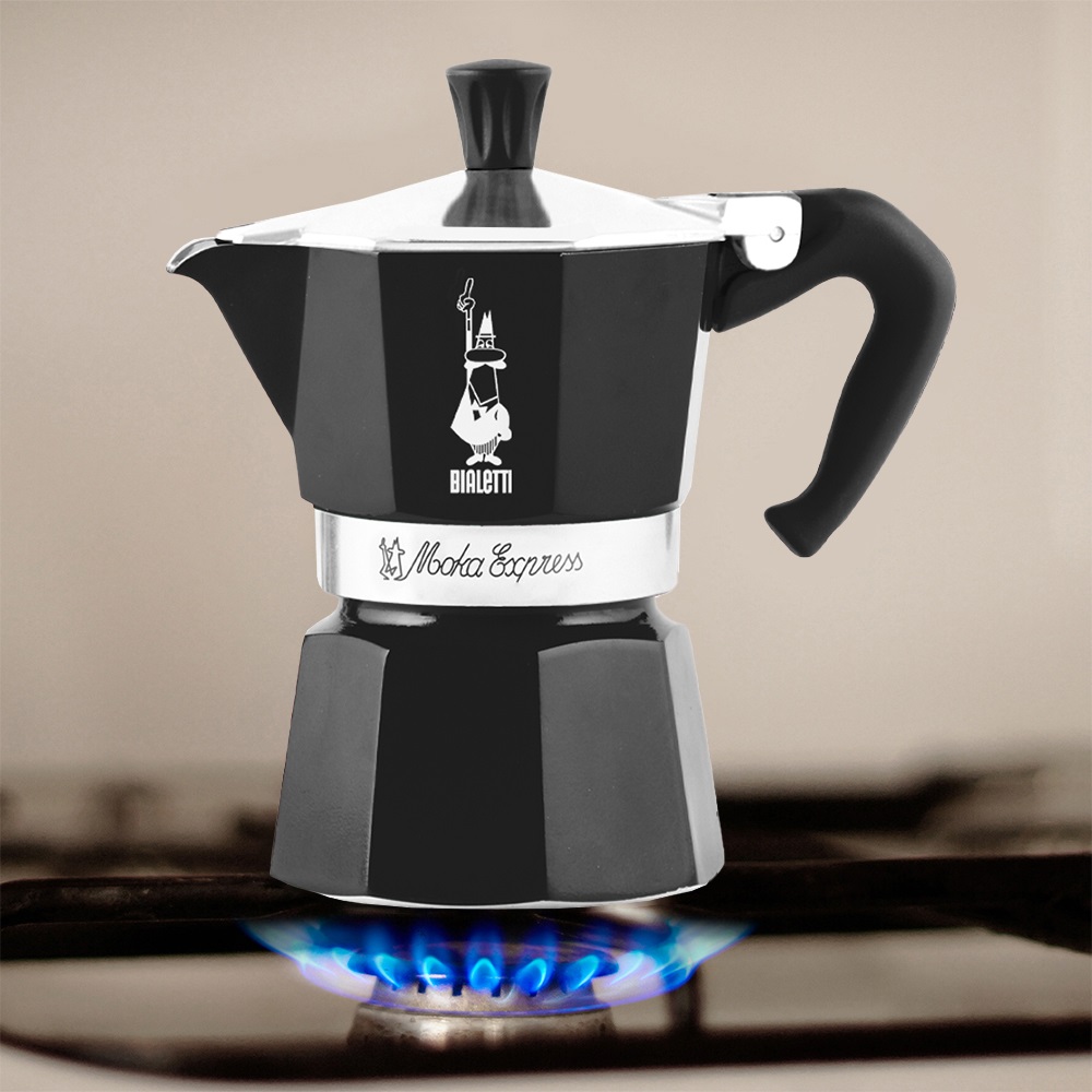 Bialetti Moka Express Caffettiera 3 Tazze Nera in Alluminio con Manico Anti Scottatura