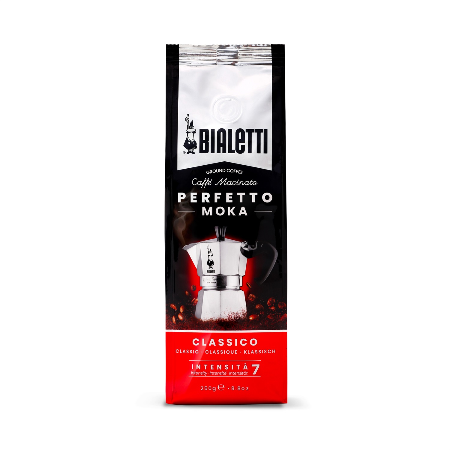Bialetti Perfetto Moka Caffè Macinato Classico 250 g - 50% Arabica, 50% Robusta, Tostatura Media, Aromatico con Note di Fiori e Frutta Secca