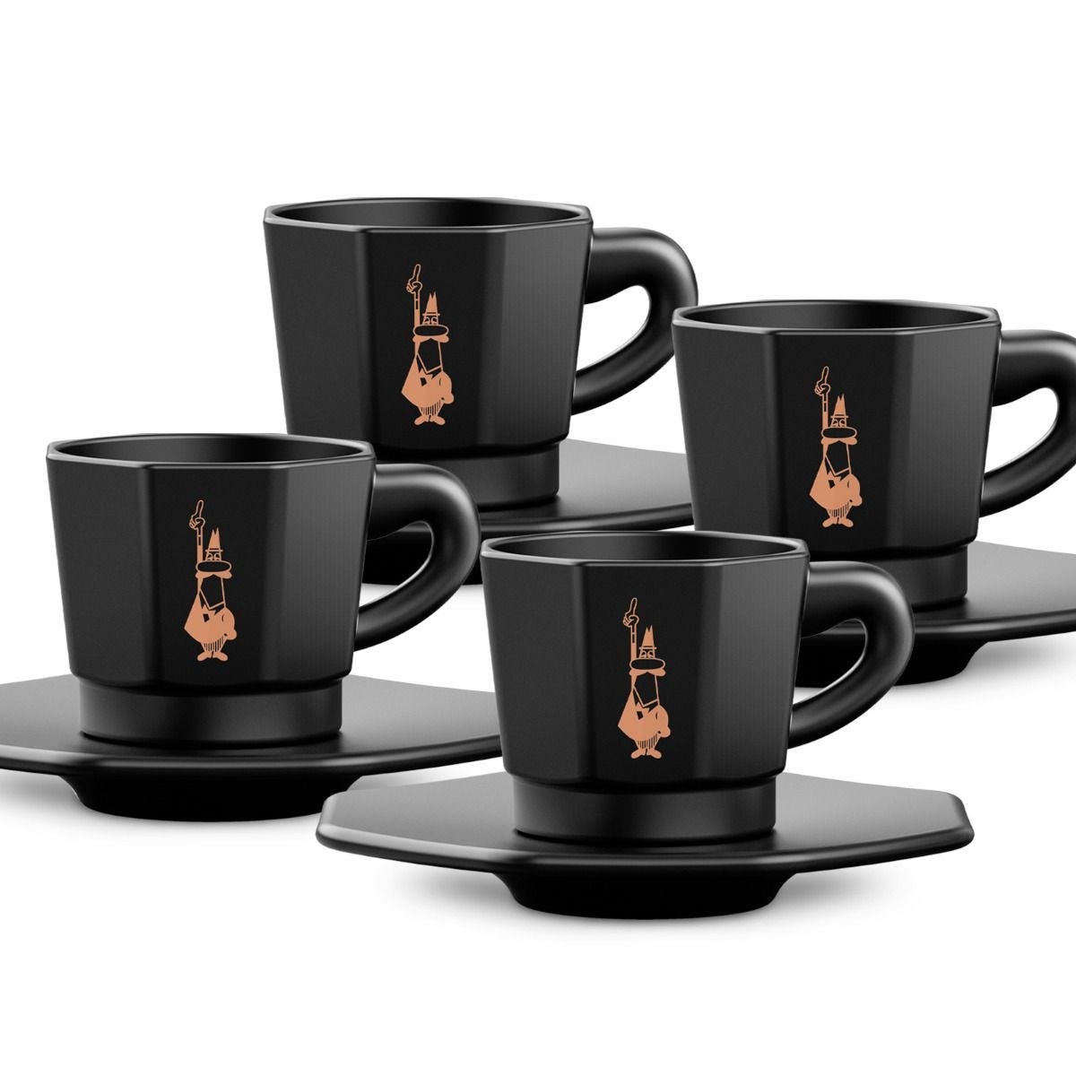 Bialetti Tazzine da Caffè Ottagonali in Porcellana Nera e Oro Rosa - Set di 4 Tazzine da 75 ml