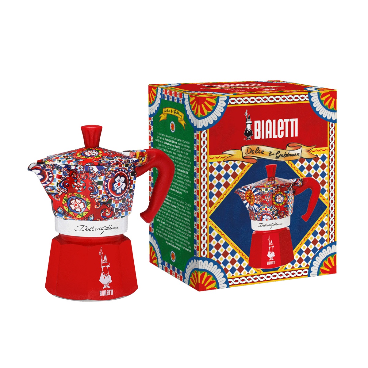 Bialetti Moka Express 3 Tazze Dolce&Gabbana - Caffettiera Moka in Alluminio e Termoplastica, Blu, Rosso, Bianco